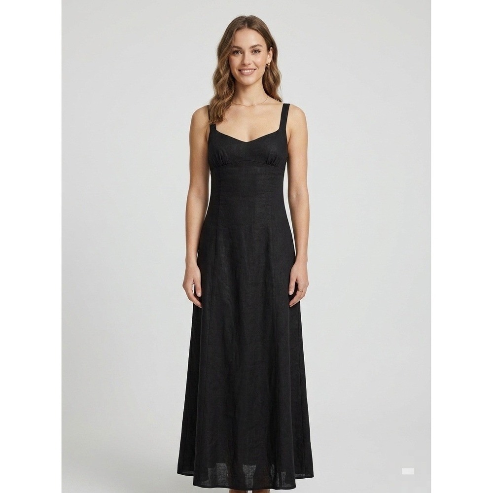 Zara Black 100% Linen Midi Dress Sweetheart Neckline Side Slit Womens Medium